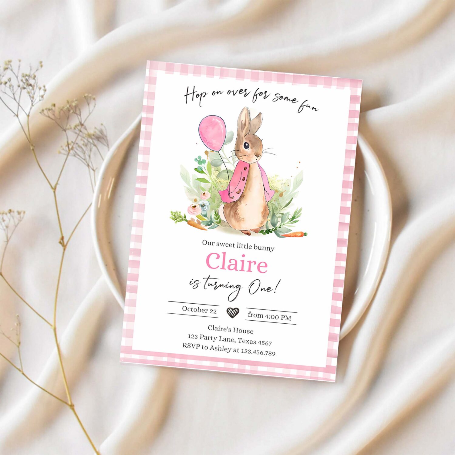 Editable flopsy bunny birthday party invitation girl pink rustic peter rabbit 1st birthday invite hop on over corjl template printable 0351 1