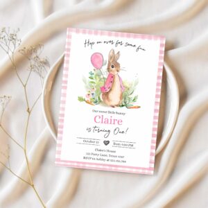 Editable flopsy bunny birthday party invitation girl pink rustic peter rabbit 1st birthday invite hop on over corjl template printable 0351 1