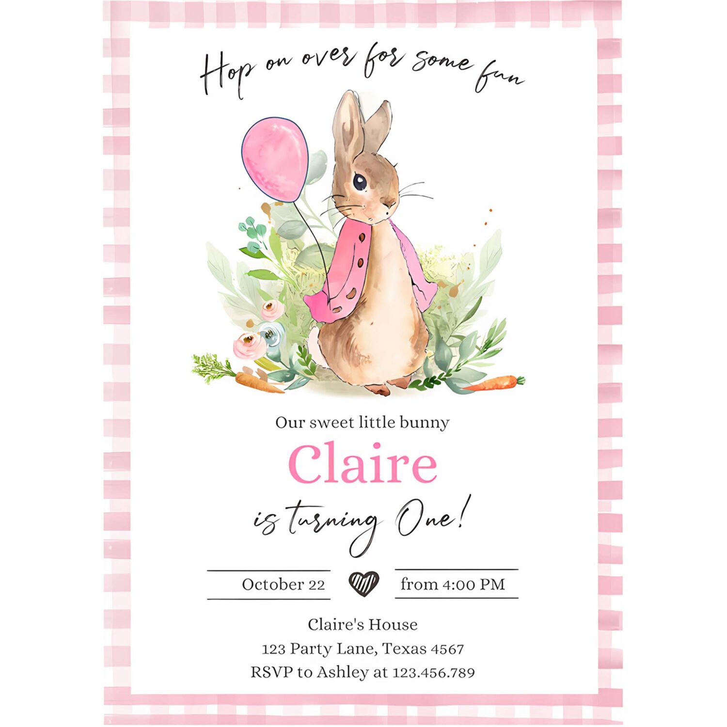 Editable flopsy bunny birthday party invitation girl pink rustic peter rabbit 1st birthday invite hop on over corjl template printable 0351 4