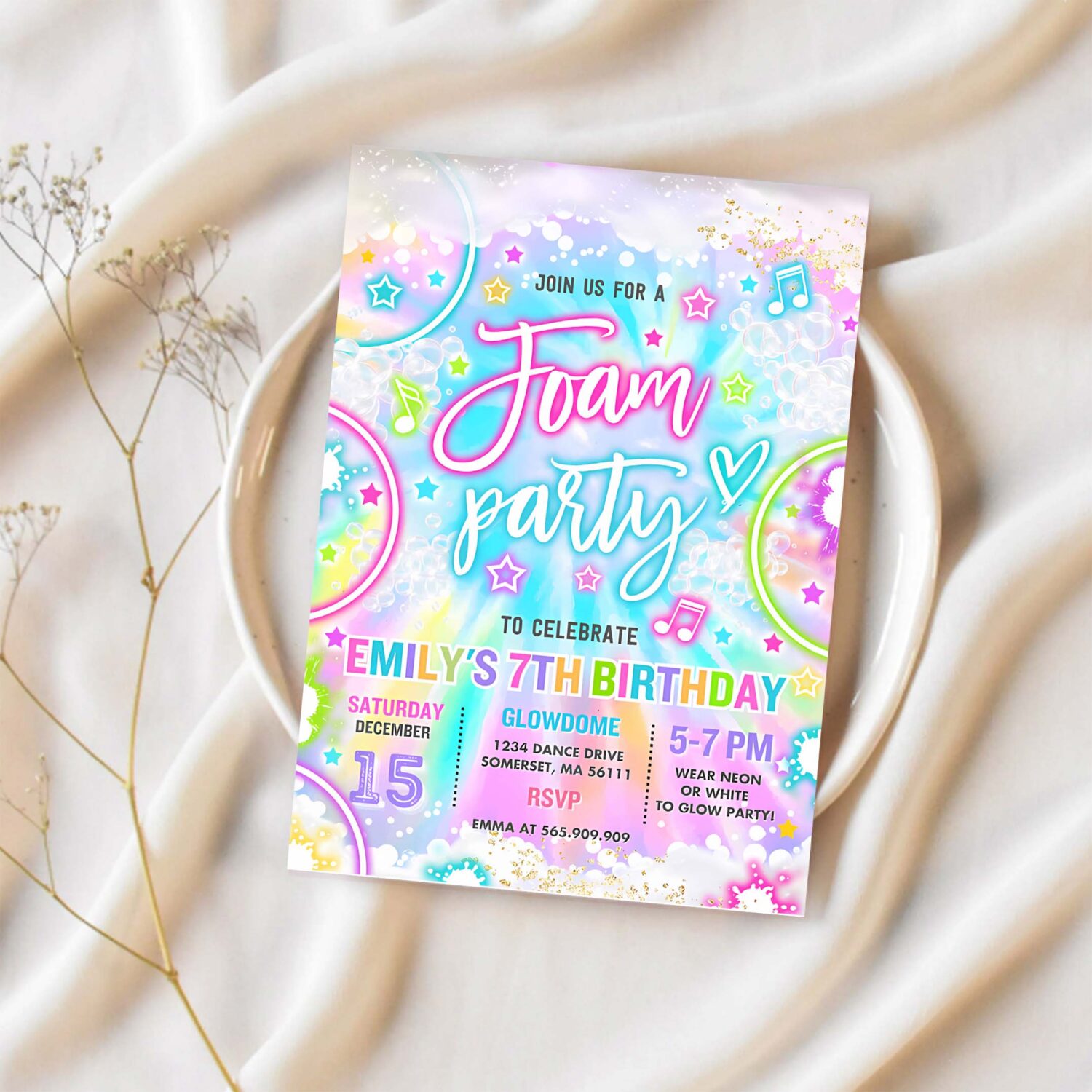 Editable foam birthday party invitation tie dye foam birthday party glow neon summer foam water bubble birthday party instant download y3 1
