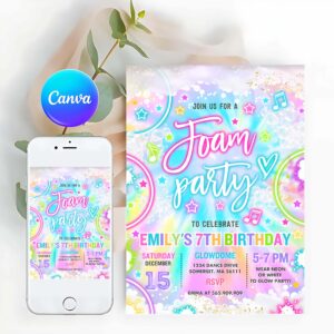 Tie Dye Invitation, Foam Birthday Party Invitation Tie Dye Foam Birthday Party Glow Neon Summer Foam Water Bubble Birthday Party