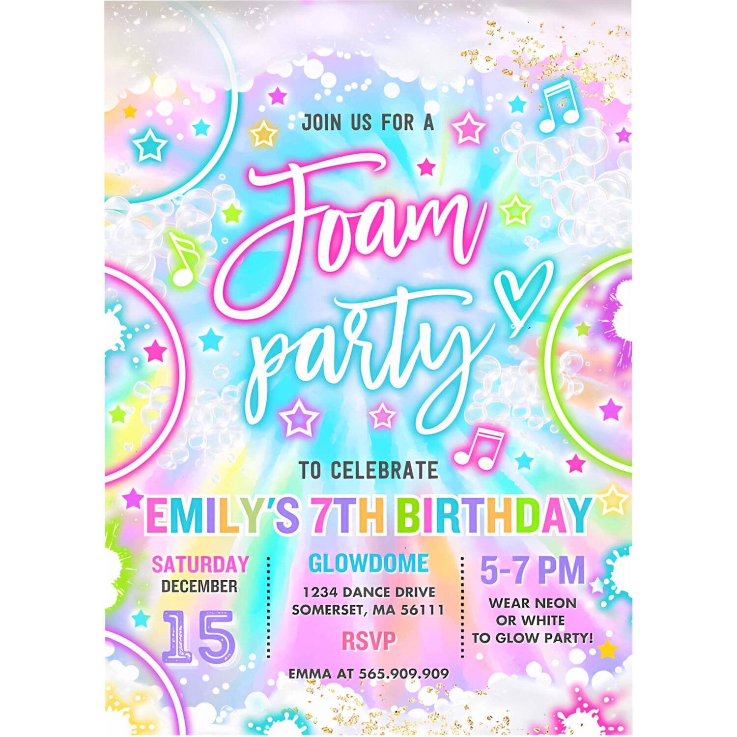 Editable foam birthday party invitation tie dye foam birthday party glow neon summer foam water bubble birthday party instant download y3 4