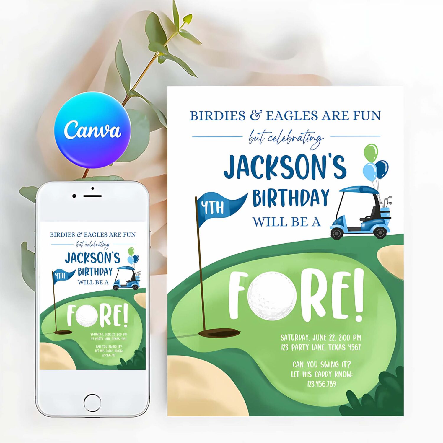 Editable fore golf birthday invitation golf fourth birthday 4th par tee golf boy golfing digital download corjl template printable 0405