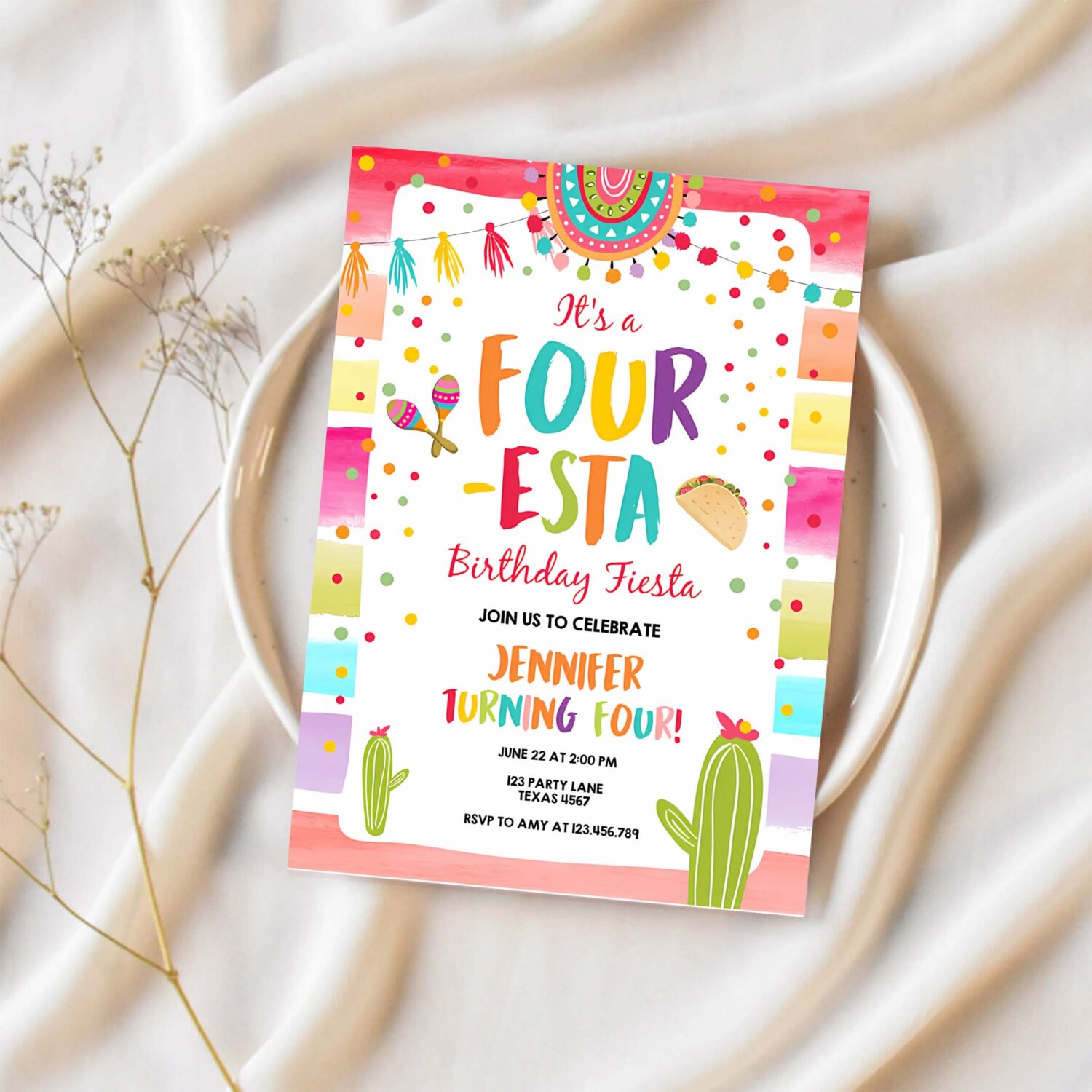 Editable four esta fiesta birthday invitation 4th birthday four cactus fourth mexican boy girl cactus download corjl template printable 0134 1