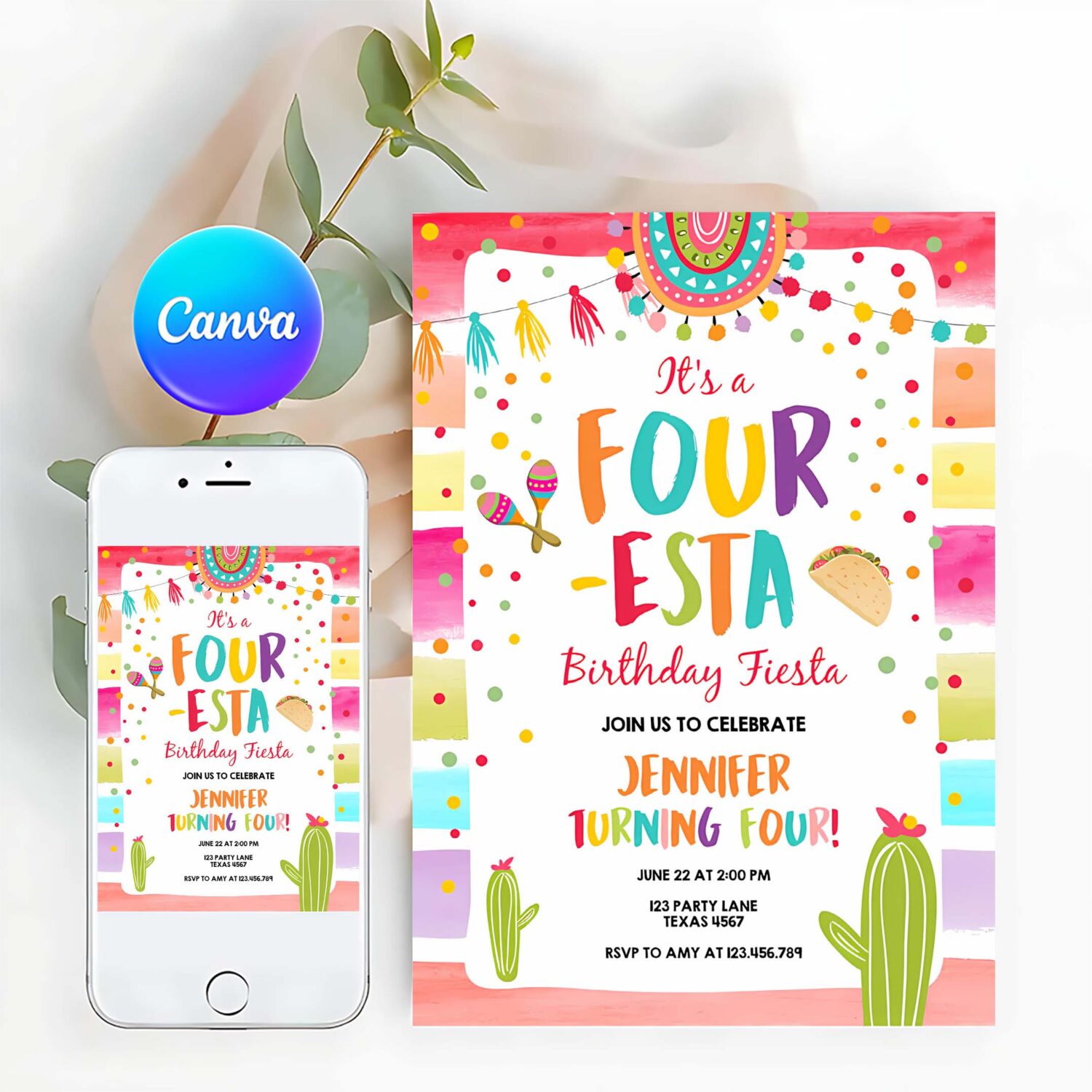 Editable four esta fiesta birthday invitation 4th birthday four cactus fourth mexican boy girl cactus download corjl template printable 0134