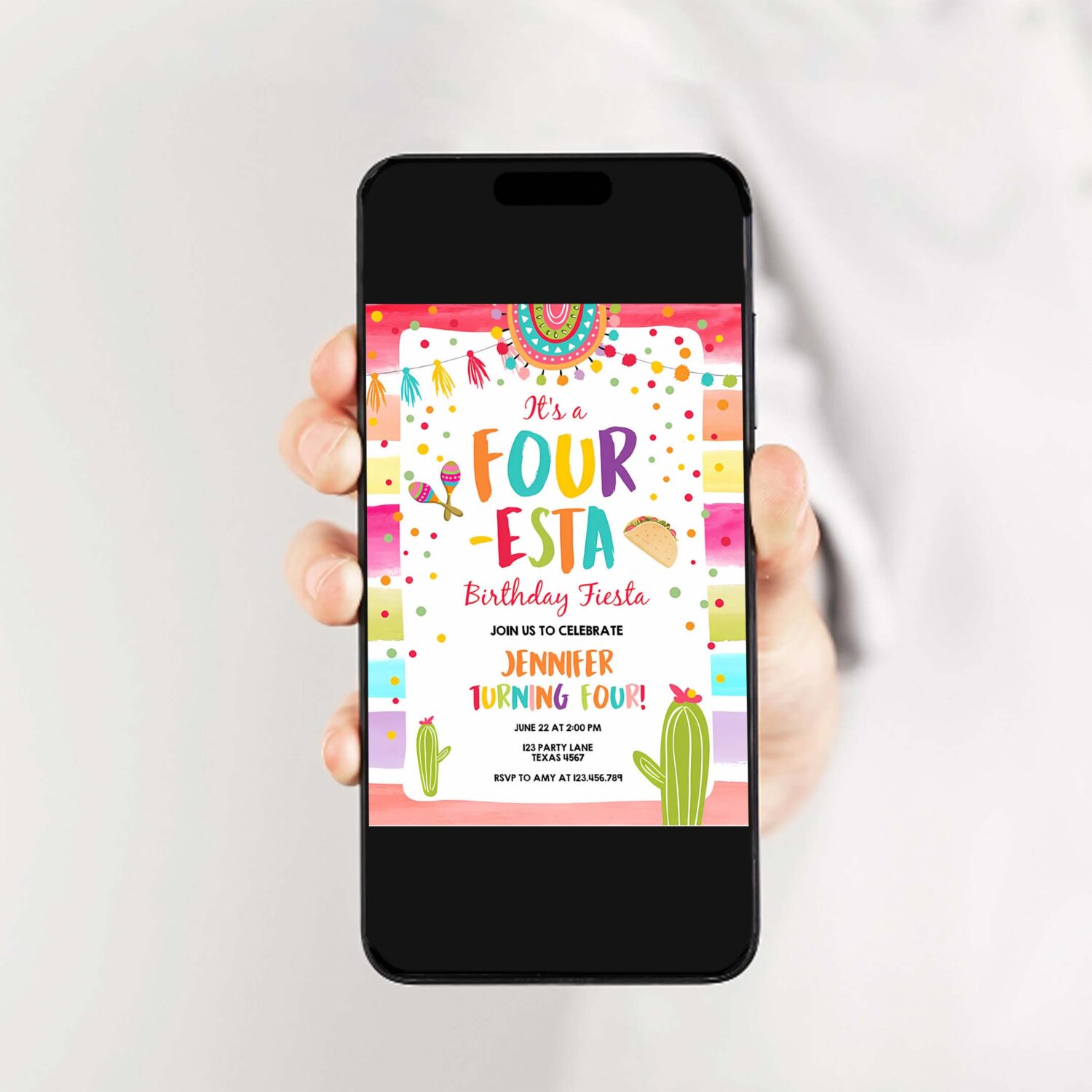 Editable four esta fiesta birthday invitation 4th birthday four cactus fourth mexican boy girl cactus download corjl template printable 0134 2