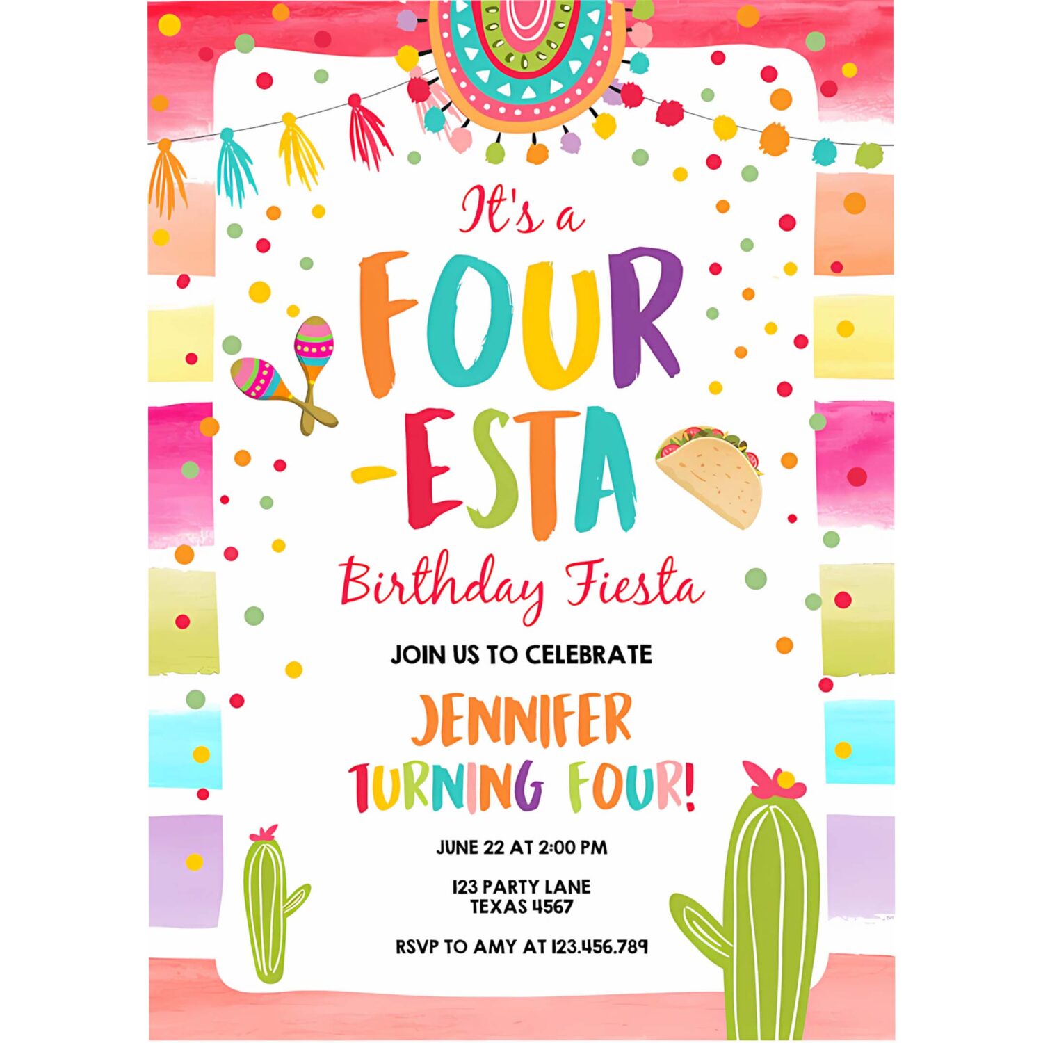 Editable four esta fiesta birthday invitation 4th birthday four cactus fourth mexican boy girl cactus download corjl template printable 0134 4