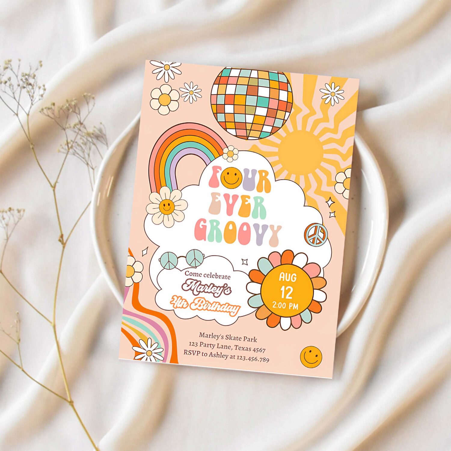 Editable four ever groovy birthday invitation 4th birthday four invite rainbow peace love party girl download template corjl digital 0459 1