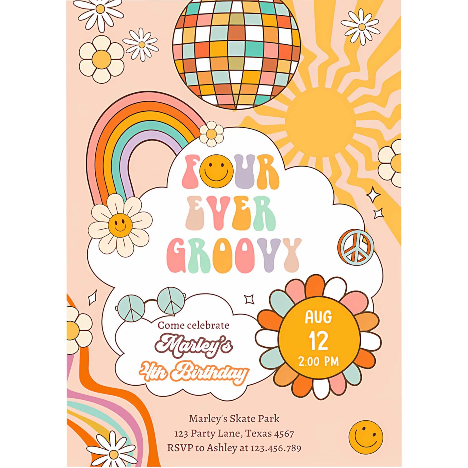 Editable four ever groovy birthday invitation 4th birthday four invite rainbow peace love party girl download template corjl digital 0459 4