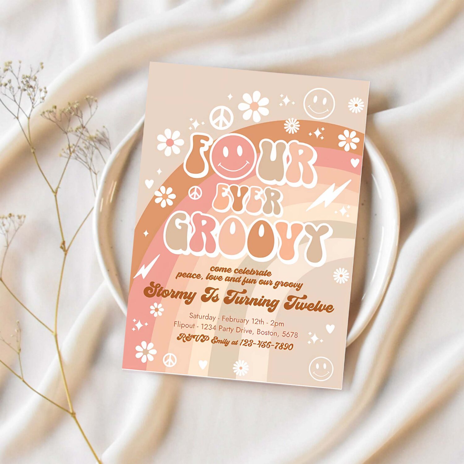 Editable four ever groovy birthday party invitation peace love party groovy rainbow party hippie groovy 70s 4th birthday 1
