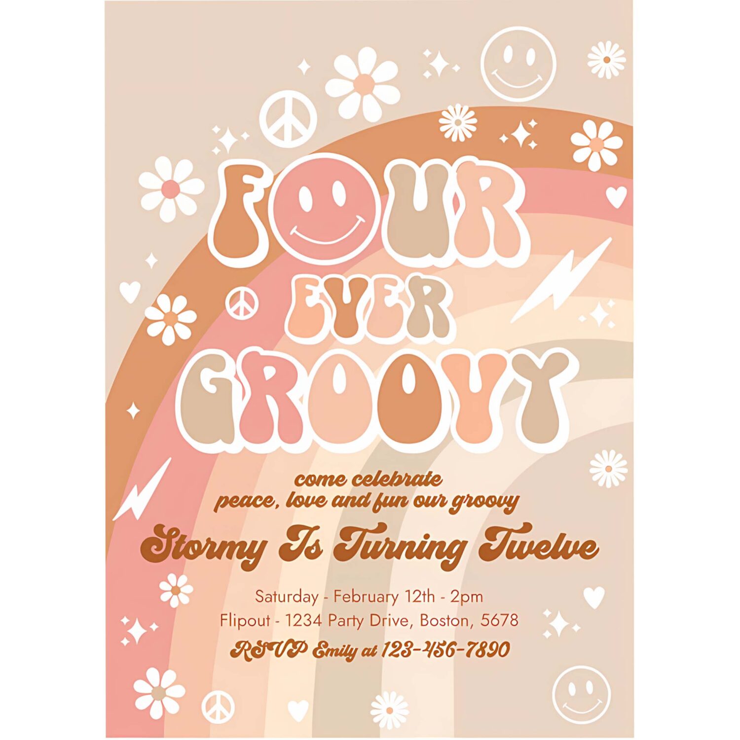 Editable four ever groovy birthday party invitation peace love party groovy rainbow party hippie groovy 70s 4th birthday 4