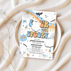 Editable four ever spooky halloween ghost 4th birthday invitation retro groovy ghost birthday hippie halloween party instant download vaq 1