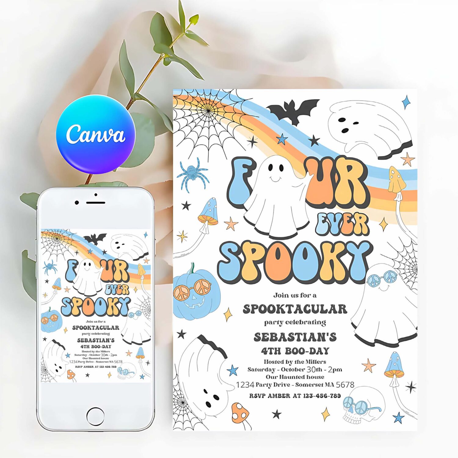 Editable four ever spooky halloween ghost 4th birthday invitation retro groovy ghost birthday hippie halloween party instant download vaq