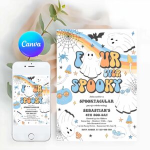 Four Ever Spooky Invitation, Four Ever Spooky Halloween Ghost 4th Birthday Invitation Retro Groovy Ghost Birthday Hippie Halloween Party
