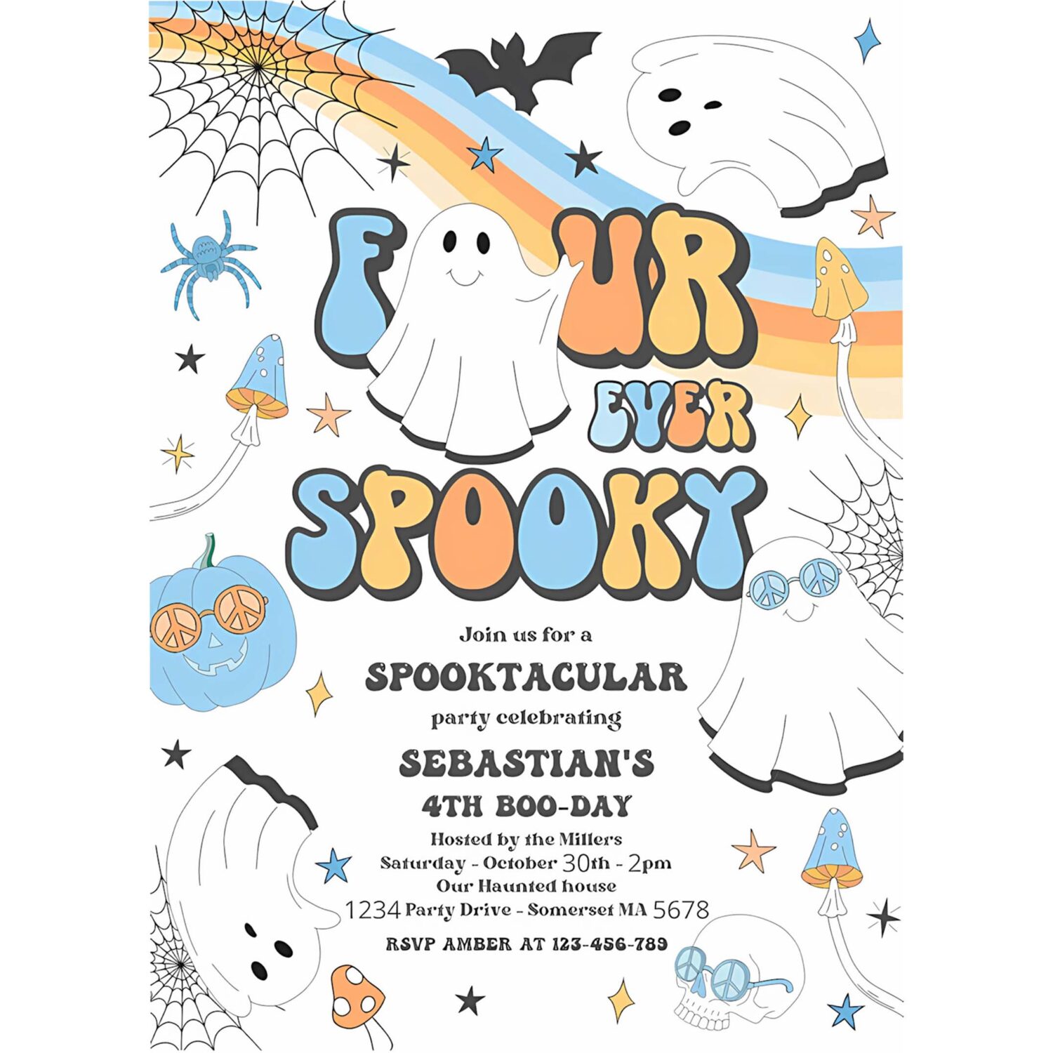 Editable four ever spooky halloween ghost 4th birthday invitation retro groovy ghost birthday hippie halloween party instant download vaq 4