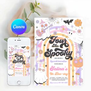 Four Ever Spooky Invitation, Four Ever Spooky Halloween Ghost 4th Birthday Invitation Retro Groovy Rainbow Ghost Birthday Hippie Halloween