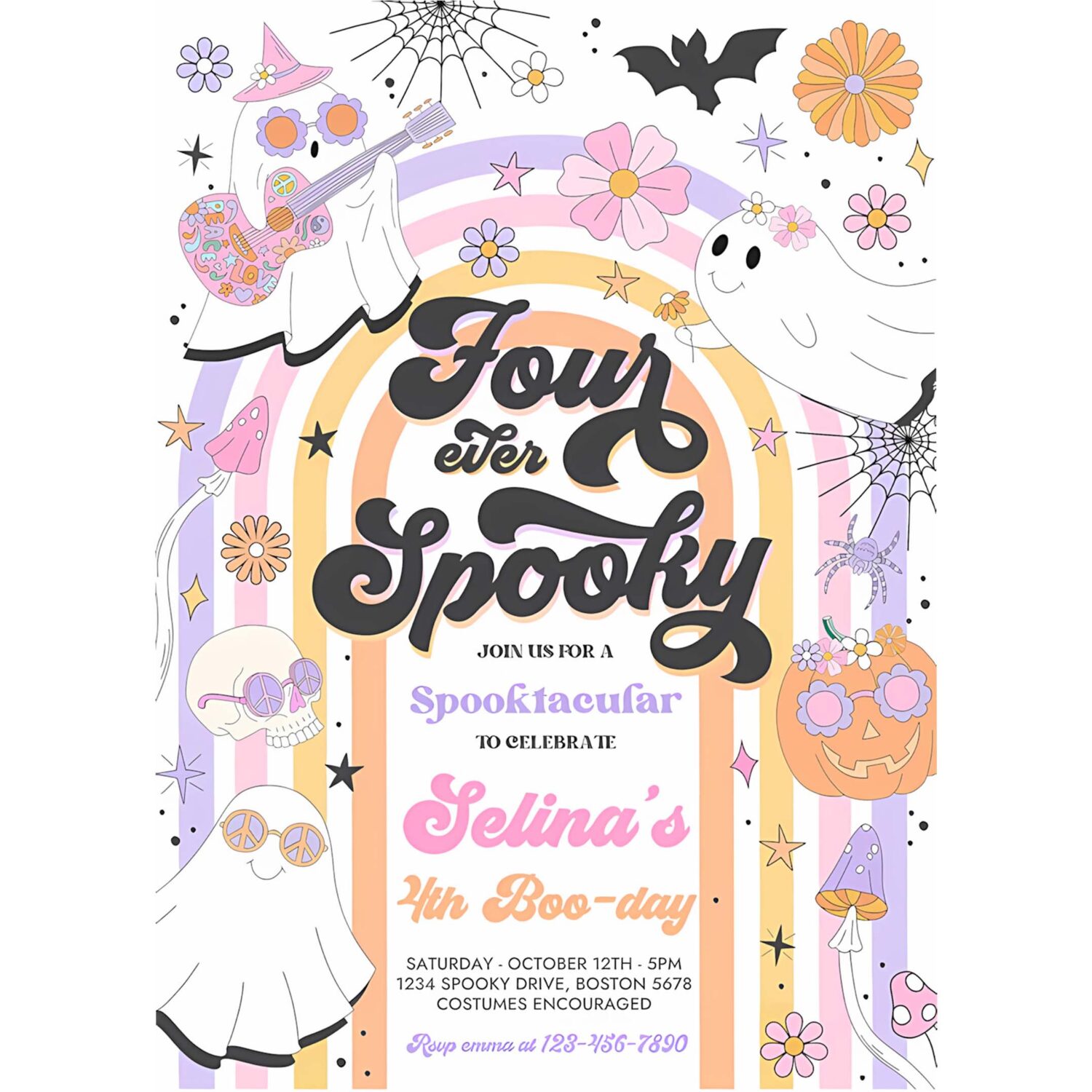 Editable four ever spooky halloween ghost 4th birthday invitation retro groovy rainbow ghost birthday hippie halloween instant download l3 4