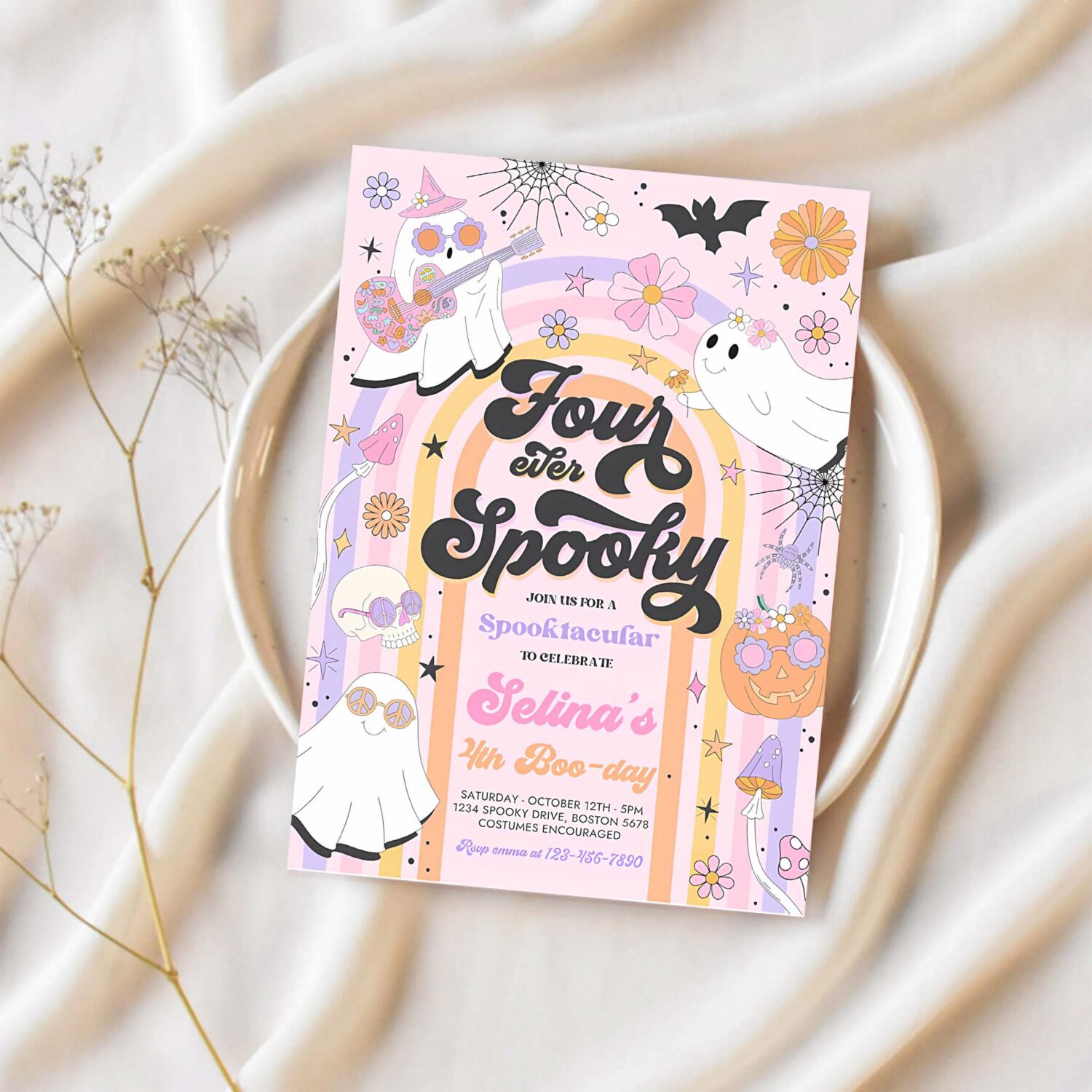 Editable four ever spooky halloween ghost 4th birthday invitation retro groovy rainbow ghost birthday hippie halloween instant download v6 1
