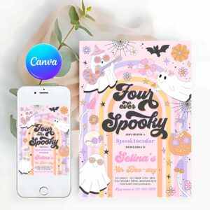 Four Ever Spooky Invitation, Four Ever Spooky Halloween Ghost 4th Birthday Invitation Retro Groovy Rainbow Ghost Birthday Hippie Halloween