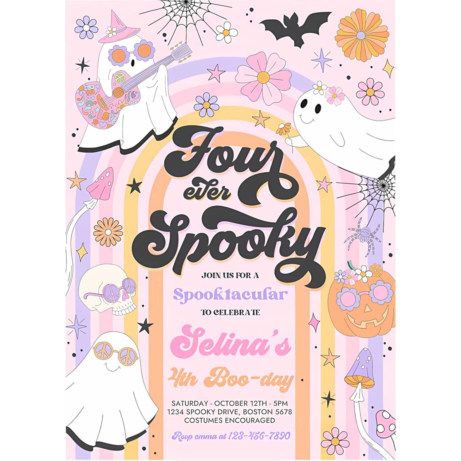 Editable four ever spooky halloween ghost 4th birthday invitation retro groovy rainbow ghost birthday hippie halloween instant download v6 4