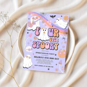 Editable four ever spooky halloween ghost 4th birthday invitation retro groovy rainbow ghost birthday hippie halloween instant download v7 1