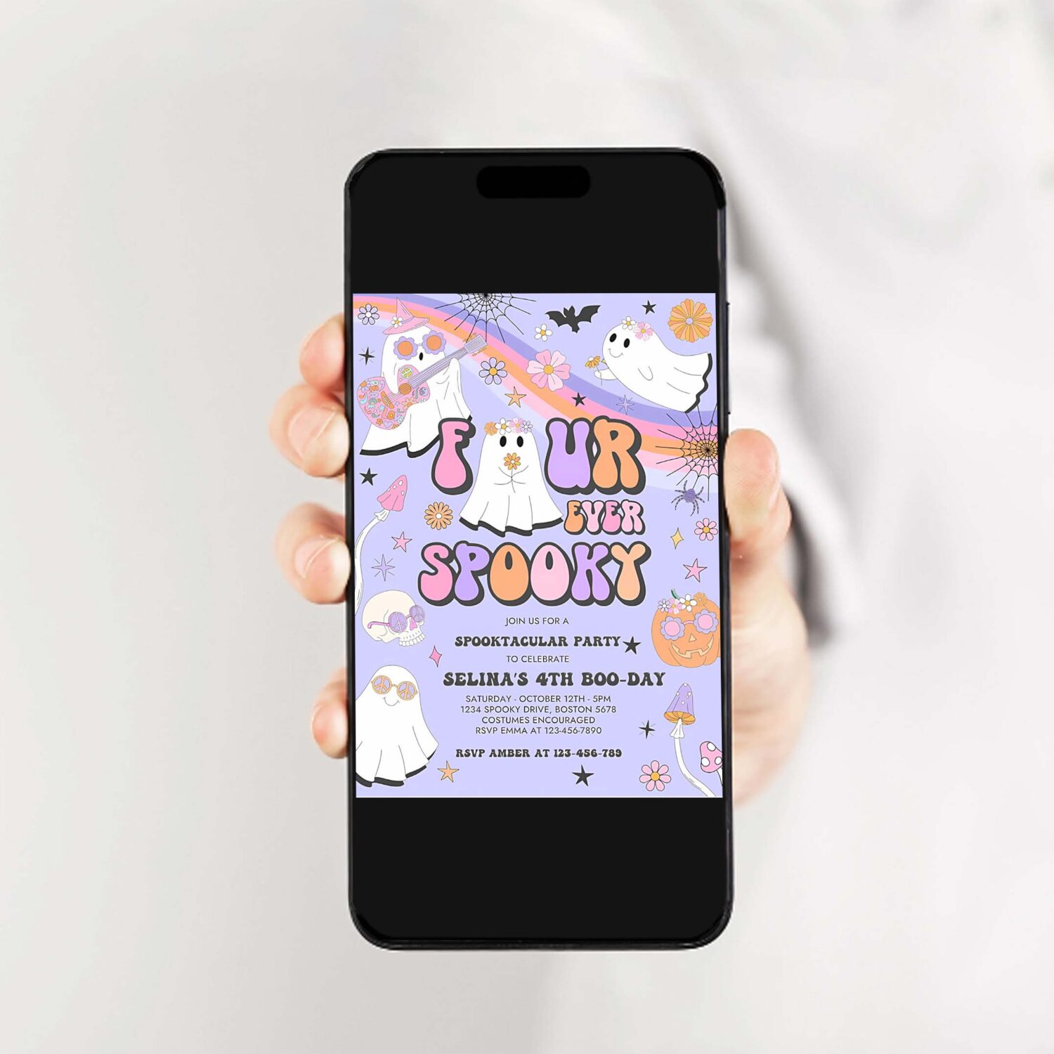 Editable four ever spooky halloween ghost 4th birthday invitation retro groovy rainbow ghost birthday hippie halloween instant download v7 2