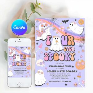 Four Ever Spooky Invitation, Four Ever Spooky Halloween Ghost 4th Birthday Invitation Retro Groovy Rainbow Ghost Birthday Hippie Halloween