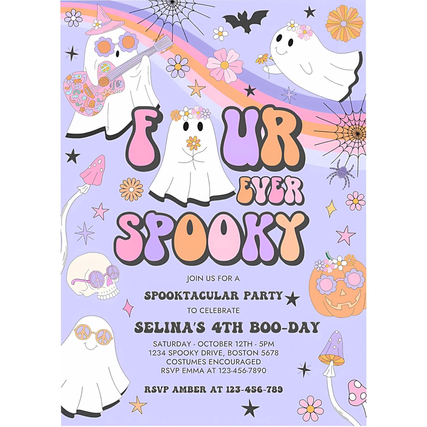 Editable four ever spooky halloween ghost 4th birthday invitation retro groovy rainbow ghost birthday hippie halloween instant download v7 4