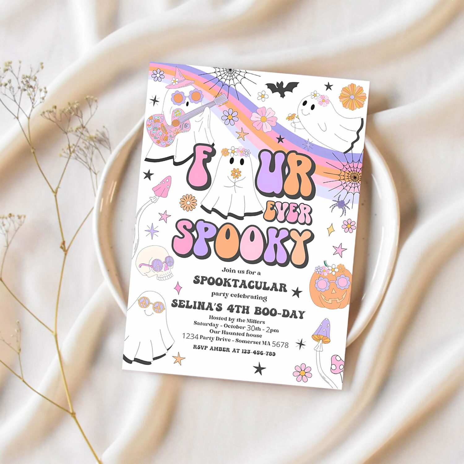 Editable four ever spooky halloween ghost 4th birthday invitation retro groovy rainbow ghost birthday hippie halloween instant download v9 1
