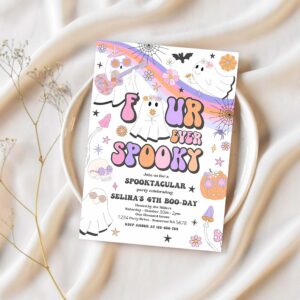 Editable four ever spooky halloween ghost 4th birthday invitation retro groovy rainbow ghost birthday hippie halloween instant download v9 1
