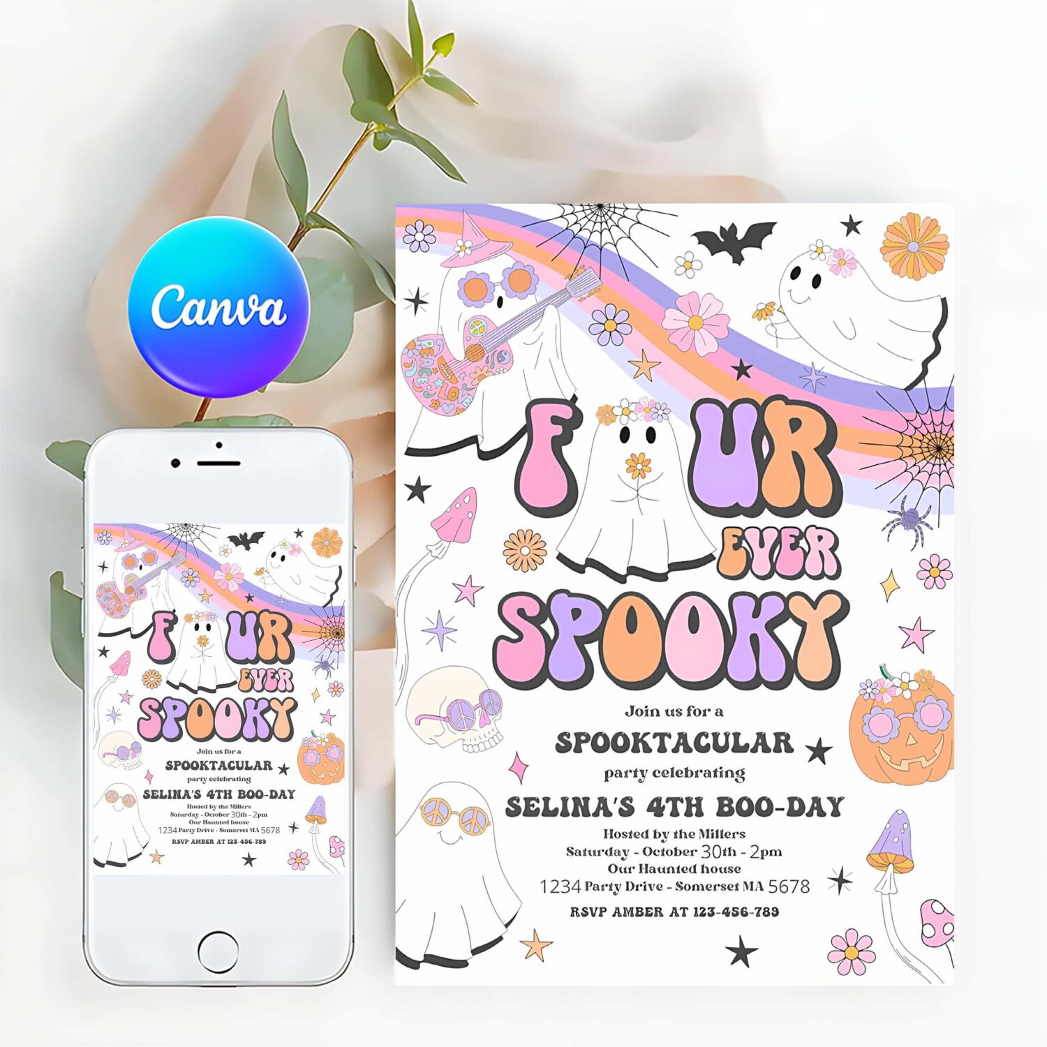 Editable four ever spooky halloween ghost 4th birthday invitation retro groovy rainbow ghost birthday hippie halloween instant download v9