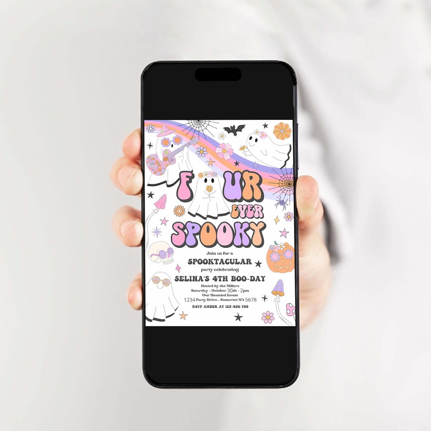 Editable four ever spooky halloween ghost 4th birthday invitation retro groovy rainbow ghost birthday hippie halloween instant download v9 2