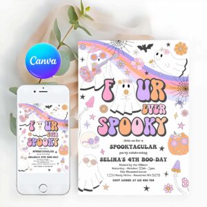 Four Ever Spooky Invitation, Four Ever Spooky Halloween Ghost 4th Birthday Invitation Retro Groovy Rainbow Ghost Birthday Hippie Halloween