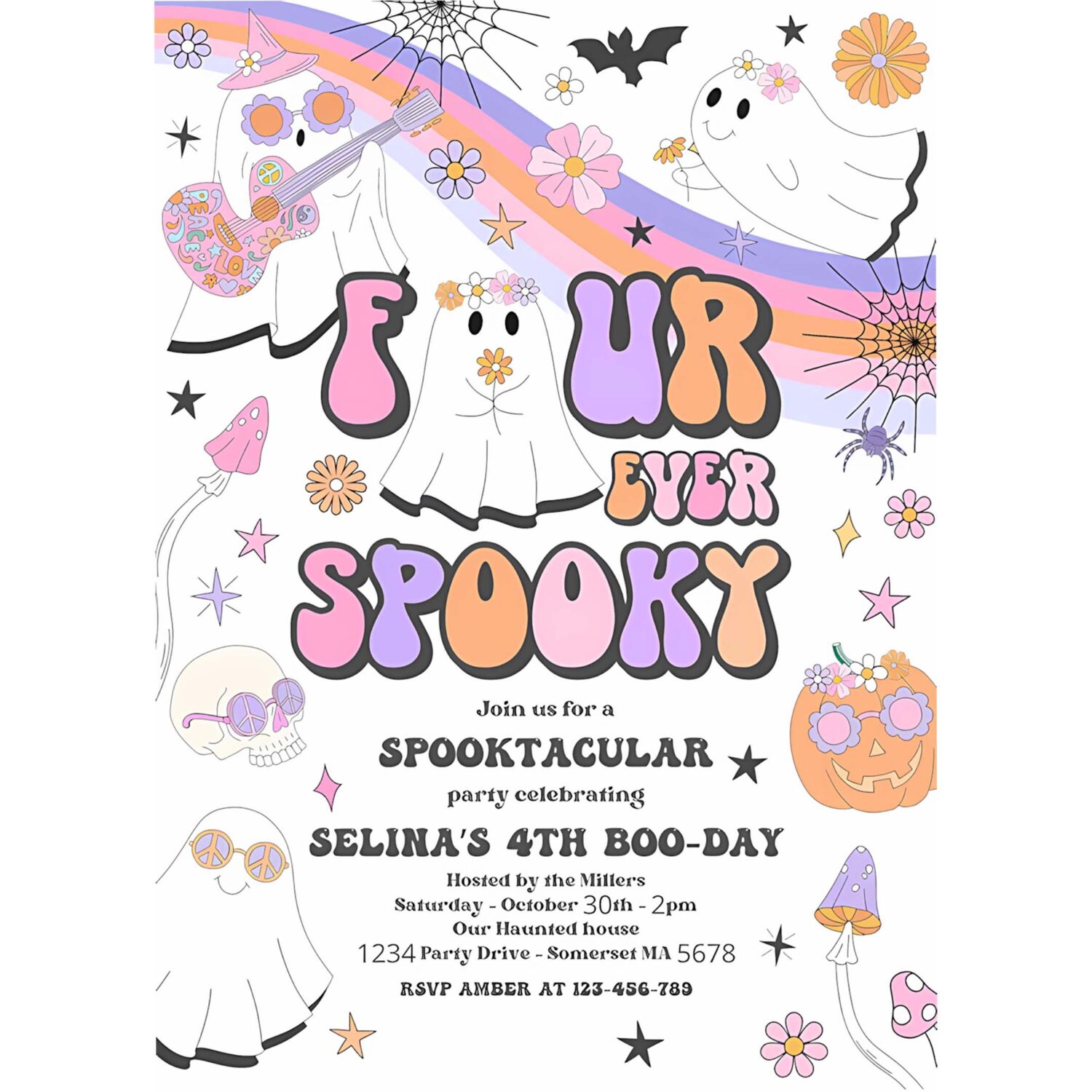 Editable four ever spooky halloween ghost 4th birthday invitation retro groovy rainbow ghost birthday hippie halloween instant download v9 4