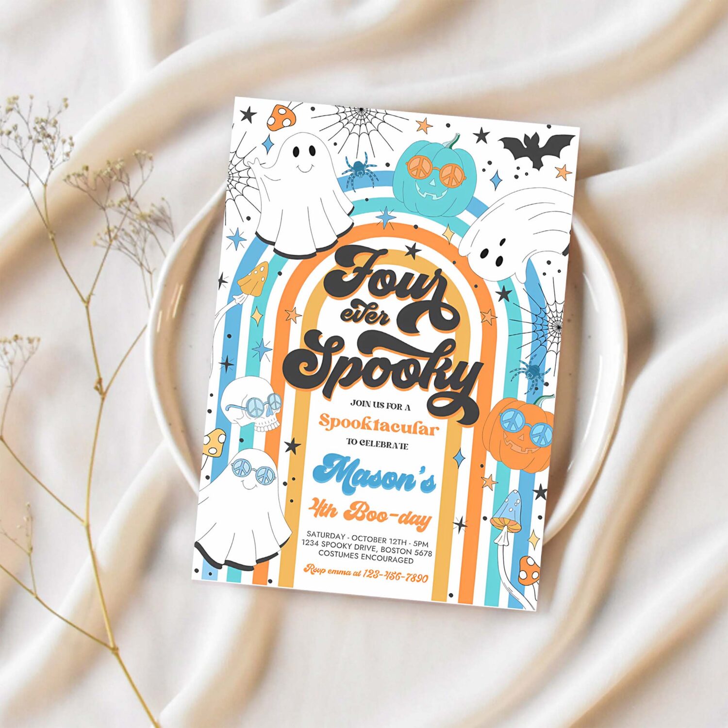 Editable four ever spooky halloween ghost 4th birthday invitation retro groovy rainbow ghost birthday hippie halloween instant download vh 1