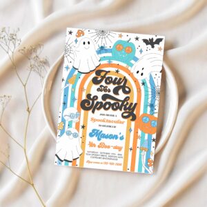 Editable four ever spooky halloween ghost 4th birthday invitation retro groovy rainbow ghost birthday hippie halloween instant download vh 1