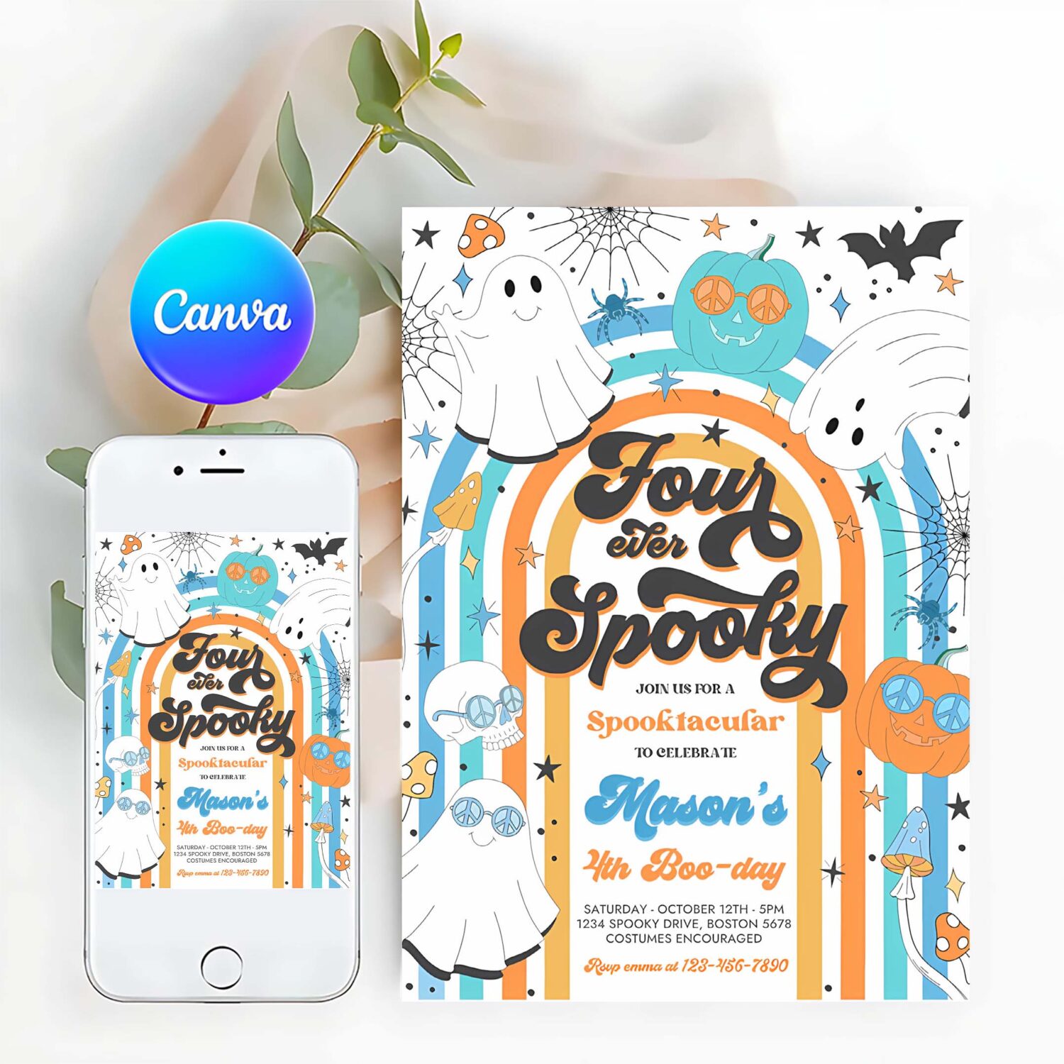 Editable four ever spooky halloween ghost 4th birthday invitation retro groovy rainbow ghost birthday hippie halloween instant download vh