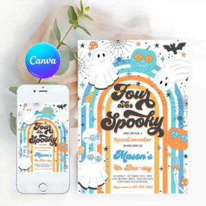 Four Ever Spooky Invitation, Four Ever Spooky Halloween Ghost 4th Birthday Invitation Retro Groovy Rainbow Ghost Birthday Hippie Halloween