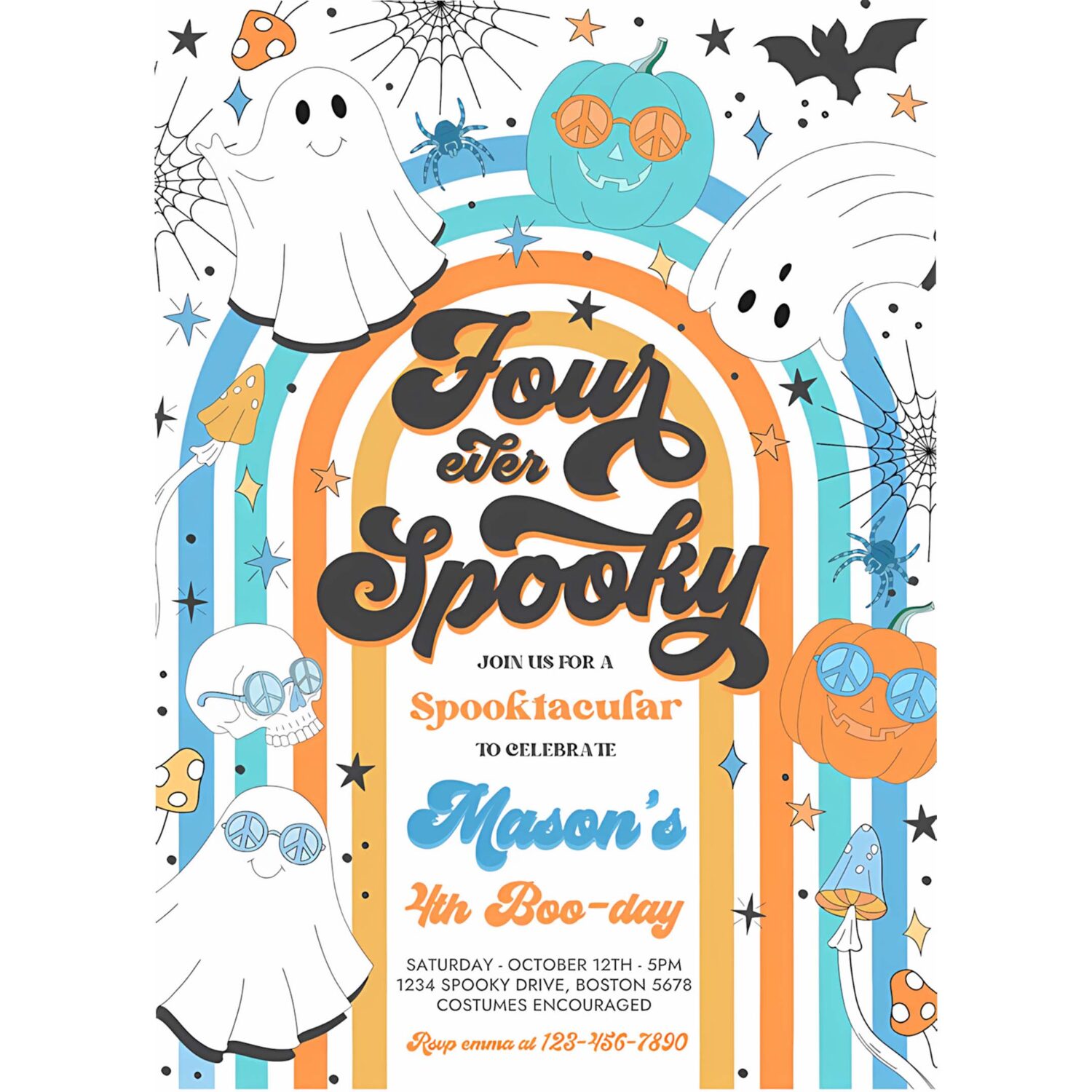 Editable four ever spooky halloween ghost 4th birthday invitation retro groovy rainbow ghost birthday hippie halloween instant download vh 4