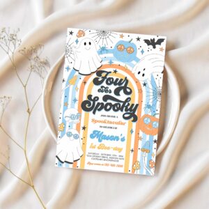 Editable four ever spooky halloween ghost 4th birthday invitation retro groovy rainbow ghost birthday hippie halloween instant download vn 1