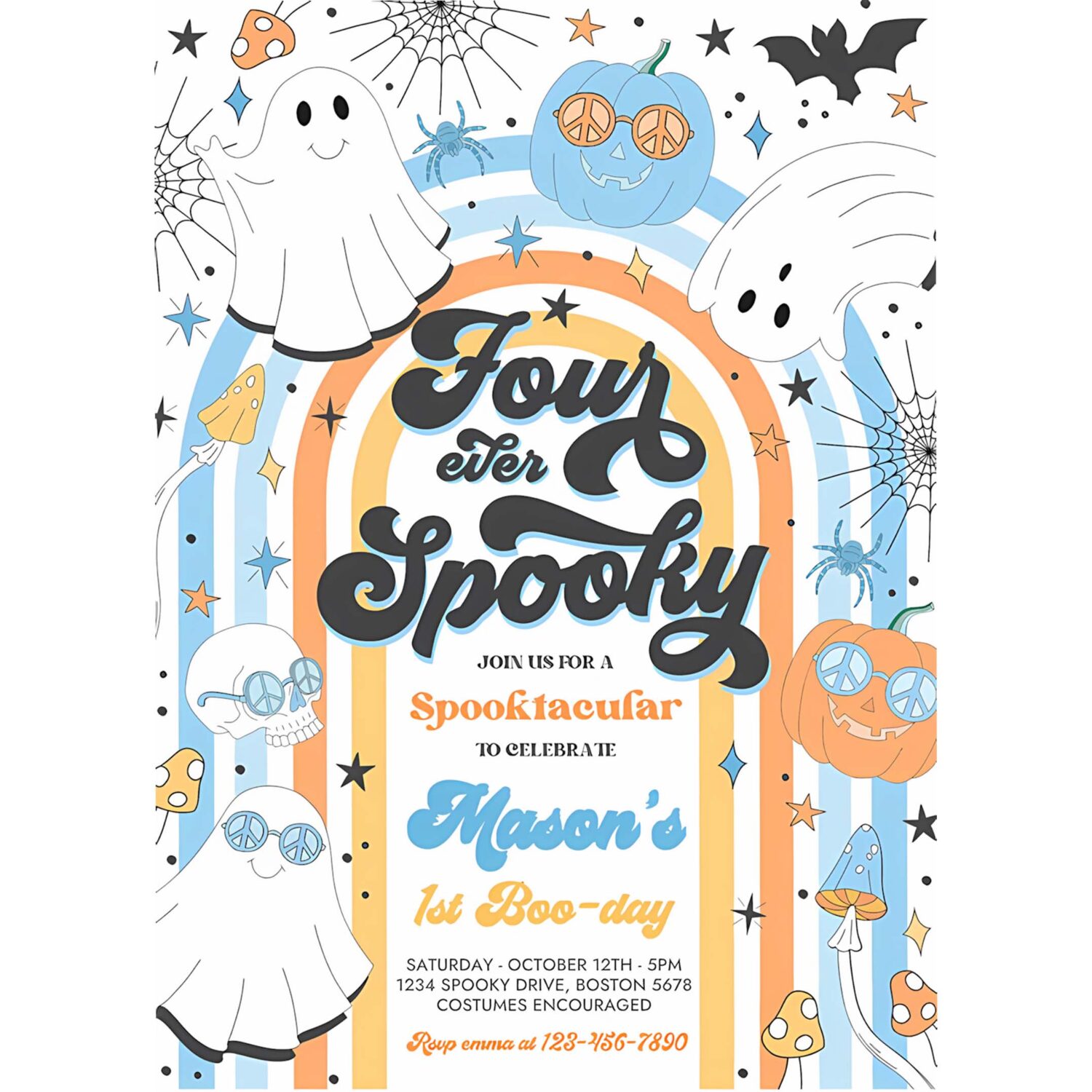 Editable four ever spooky halloween ghost 4th birthday invitation retro groovy rainbow ghost birthday hippie halloween instant download vn 4