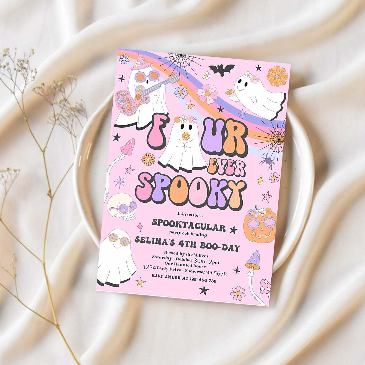 Editable four ever spooky halloween ghost 4th birthday invitation retro groovy rainbow ghost birthday hippie halloween instant download vu 1