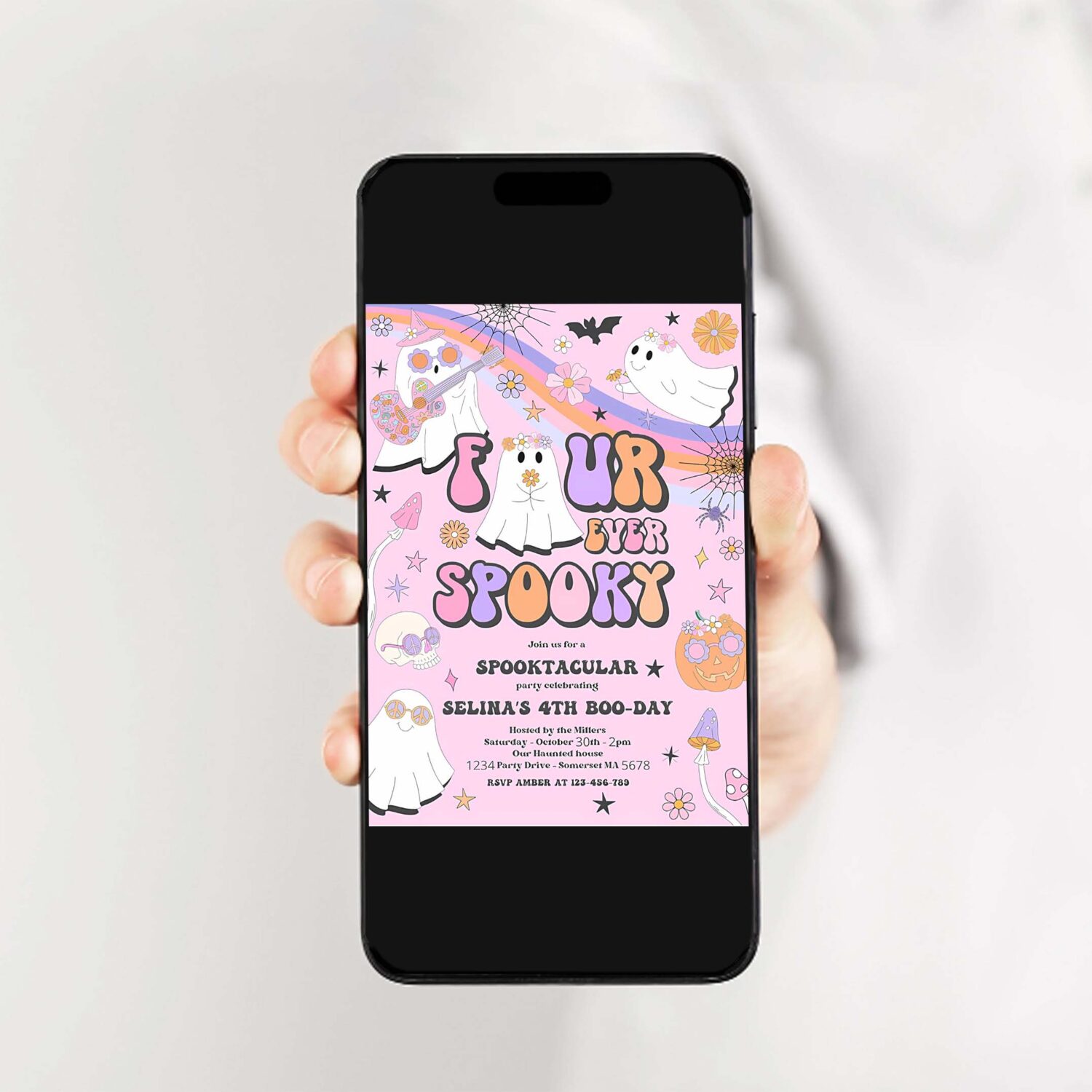 Editable four ever spooky halloween ghost 4th birthday invitation retro groovy rainbow ghost birthday hippie halloween instant download vu 2