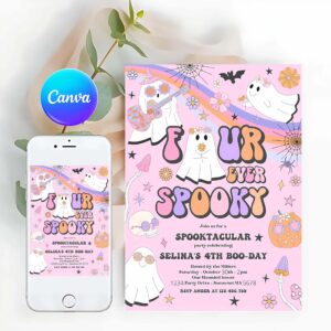 Four Ever Spooky Invitation, Four Ever Spooky Halloween Ghost 4th Birthday Invitation Retro Groovy Rainbow Ghost Birthday Hippie Halloween