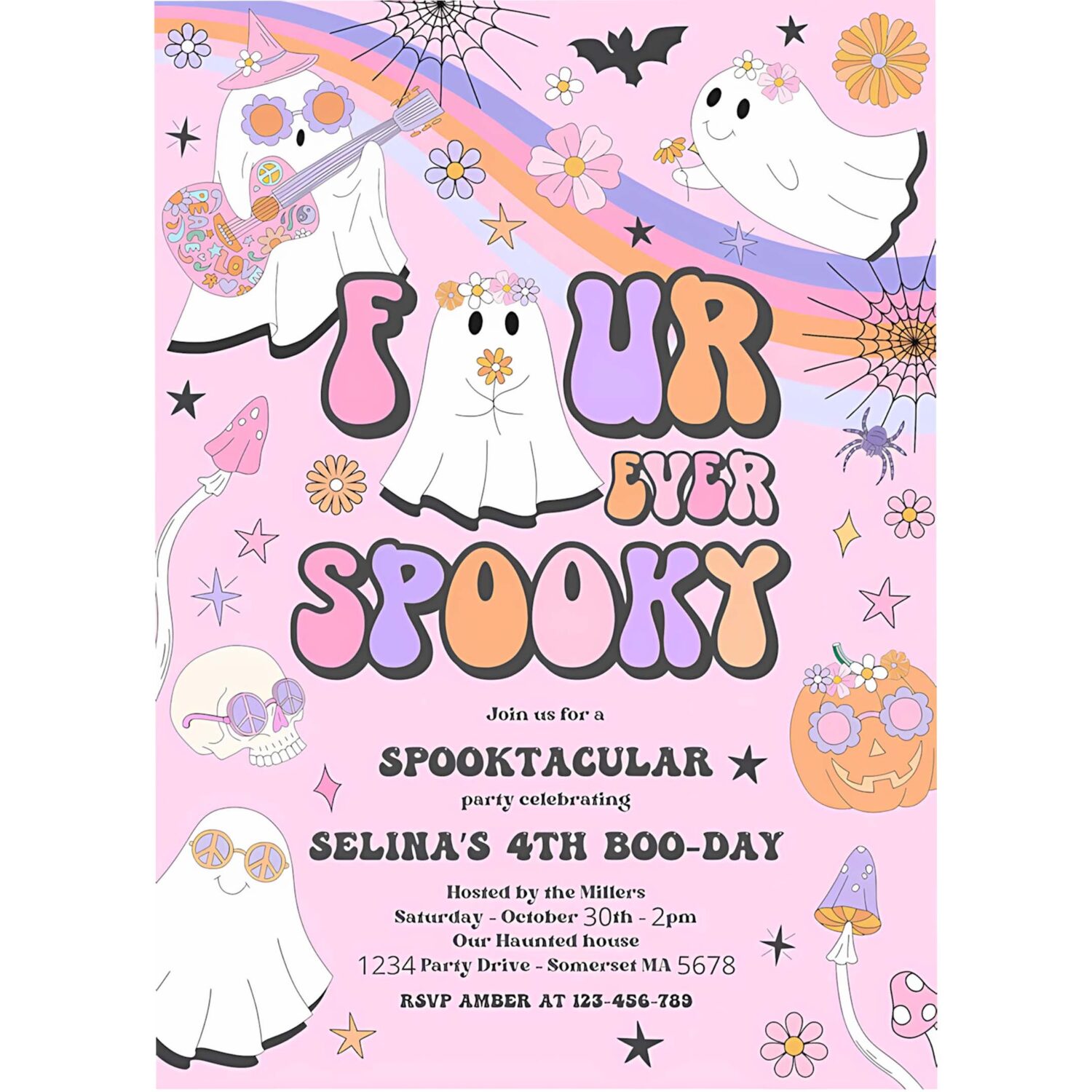 Editable four ever spooky halloween ghost 4th birthday invitation retro groovy rainbow ghost birthday hippie halloween instant download vu 4