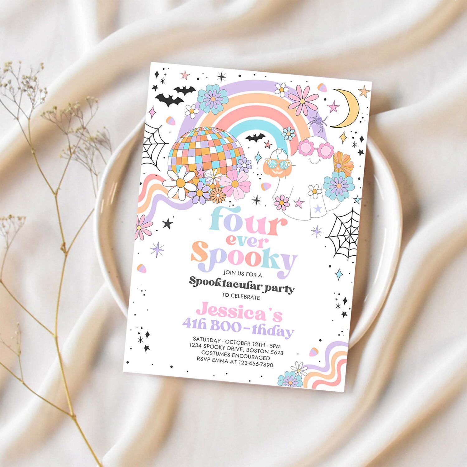 Editable four ever spooky halloween ghost 4th birthday invitation retro groovy rainbow ghost party hippie halloween instant download 45g 1