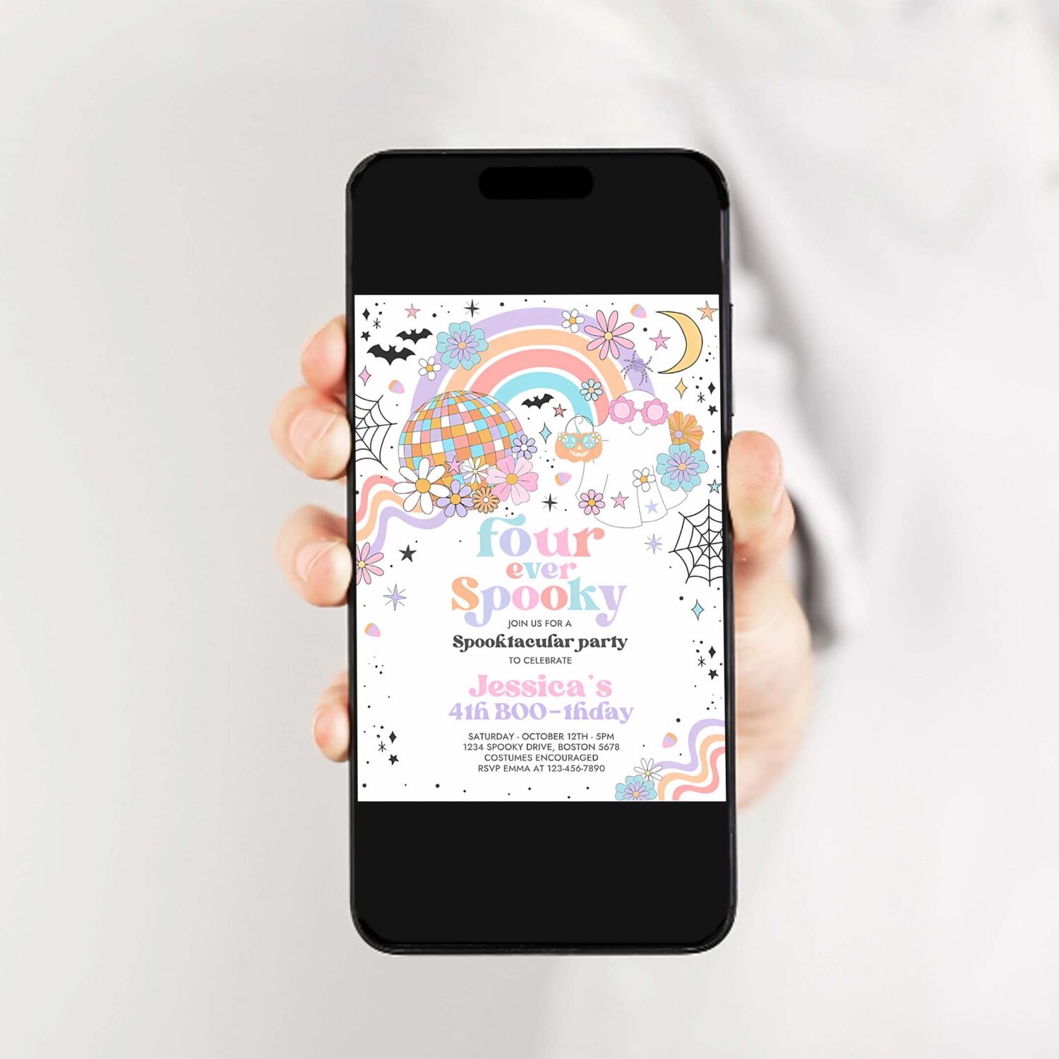 Editable four ever spooky halloween ghost 4th birthday invitation retro groovy rainbow ghost party hippie halloween instant download 45g 2
