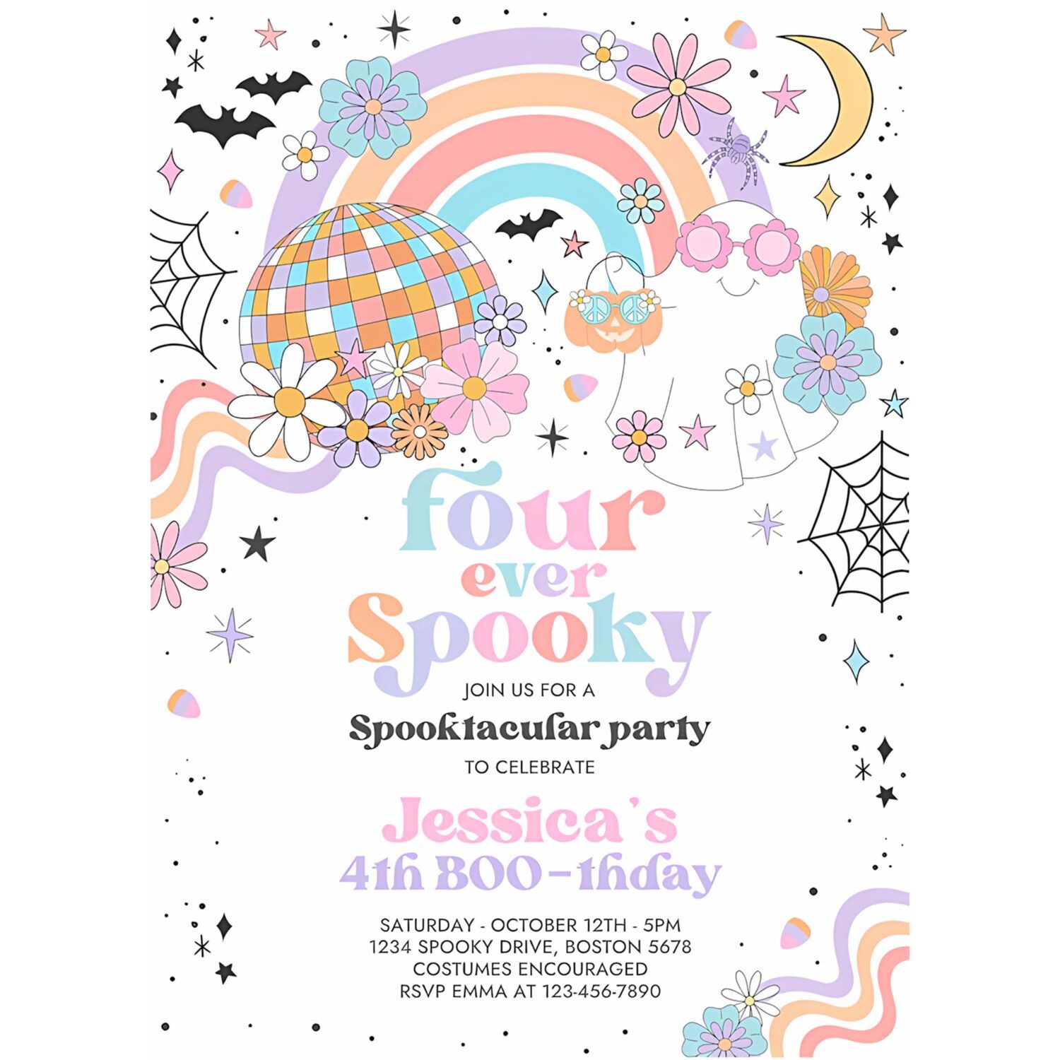 Editable four ever spooky halloween ghost 4th birthday invitation retro groovy rainbow ghost party hippie halloween instant download 45g 4
