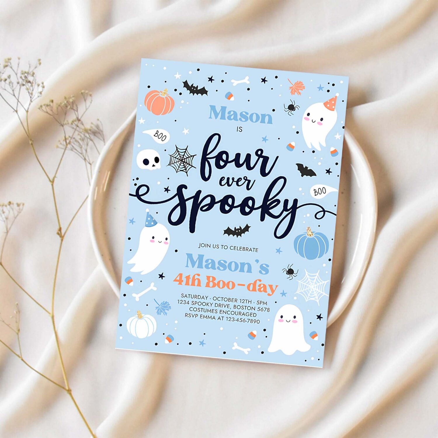 Editable four ever spooky halloween ghost 4th birthday party invitation blue ghost 4th birthday spooktacular party instant download dw 1