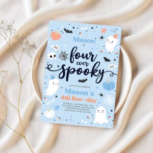 Editable four ever spooky halloween ghost 4th birthday party invitation blue ghost 4th birthday spooktacular party instant download dw 1